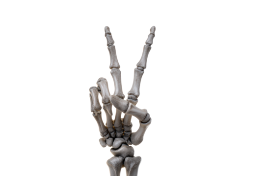 Skeleton hand making a peace sign, isolated on transparent background