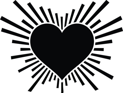 A black heart shape with radiating lines emanating outwards, creating a burst effect on a white background.