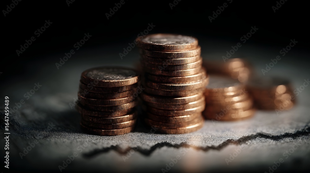 Poster stacked coins on an inflation chart with lighting and sharp focus