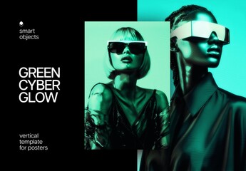 Green Cyber Glow Poster Photo Effect Mockup
