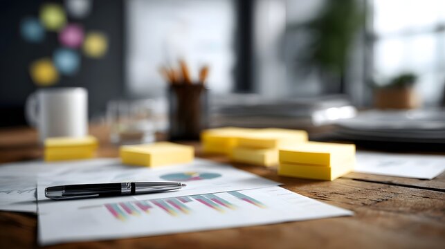 Organized office desk with charts pens and sticky notes - Powered by Adobe