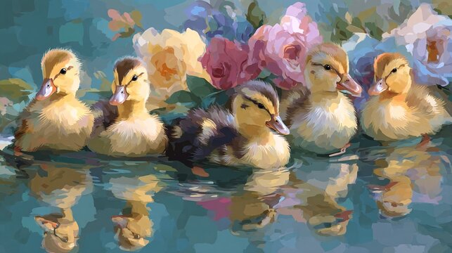 Fototapeta AKWARELOWE KACZUSZKI W POBLIŻU STAWU Z KOLOROWYMI KWIATAMI