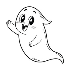 Cute Waving Ghost Cartoon Line Art