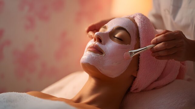 Woman receiving pink facial mask application with brush in spa setting with soft lighting beauty treatment