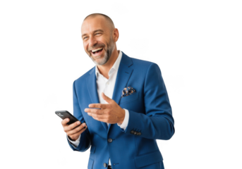 Smiling businessman holding smartphone, laughing in blue suit, professional portrait, happy man, isolated on transparent background