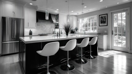 Contemporary kitchen island in black and white with swivel bar stools