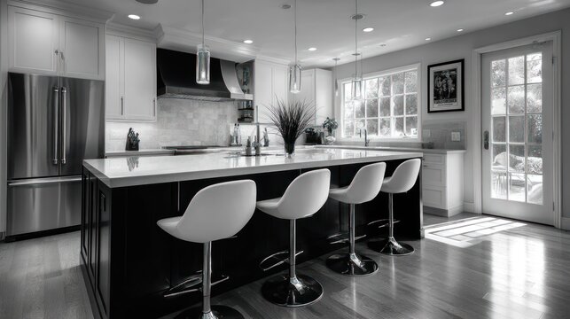 Contemporary kitchen island in black and white with swivel bar stools