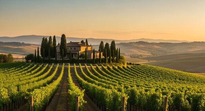 Photo of tuscan vineyard estate with rolling hills and cypress trees at golden hour - Powered by Adobe