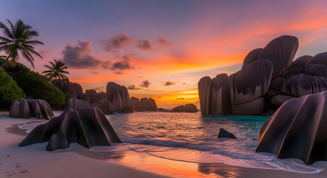 Photo of a vibrant sunset over a tropical beach with unique rock formations and palm trees - Powered by Adobe