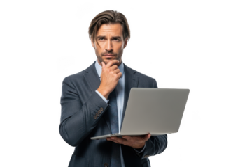 Pensive businessman holding laptop thinking strategy, modern professional man with computer, isolated on transparent background
