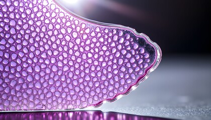 Close-up view of a translucent, textured, purple object with a scalloped edge, illuminated.