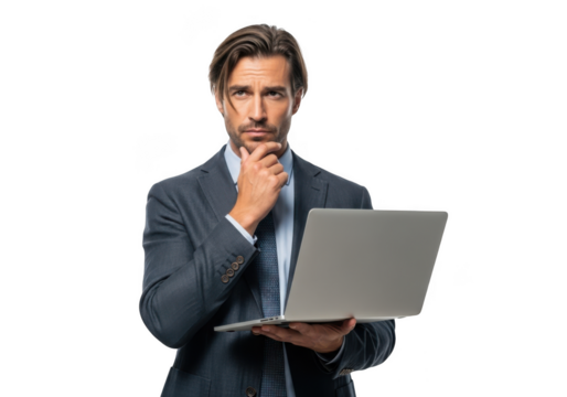 Pensive businessman holding laptop thinking strategy, modern professional man with computer, isolated on transparent background