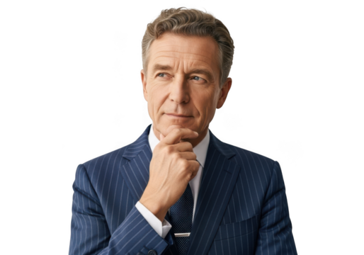 Pensive businessman portrait stock photo, man in suit thinking, serious expression, corporate headshot, isolated on transparent background - Powered by Adobe