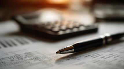 Close up view of a financial report with a calculator and pen on a desk