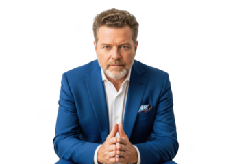 Serious businessman portrait in blue suit, confident executive, professional headshot, leader, manager, entrepreneur isolated on transparent background