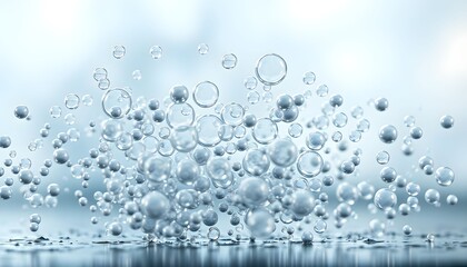 A dynamic cluster of translucent spheres floats and disperses against a soft, light-blue background.