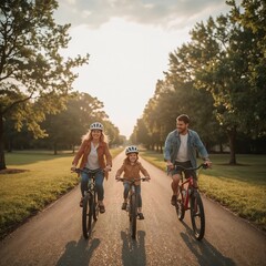 Obraz premium Family cycling group, joyful mood, parents and kids riding with helmets for wellness, golden hour safe park path 