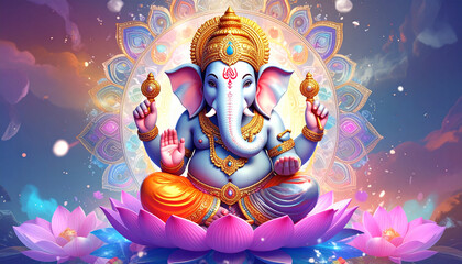 Ultra detailed 8K illustration of colorful Hindu Lord Ganesha sitting on lotus flower, mandala background, golden ornaments, glowing aura, vibrant modern 3D art for luxury wallpaper and poster