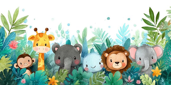 Fototapeta AKWARELOWE ZWIERZĘTA DŻUNGLI W TROPIKALNEJ SCENERII