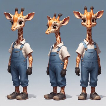 Baby giraffe turnaround, semi-realistic chibi style, orthographic front/side/back character reference, warm beige background 