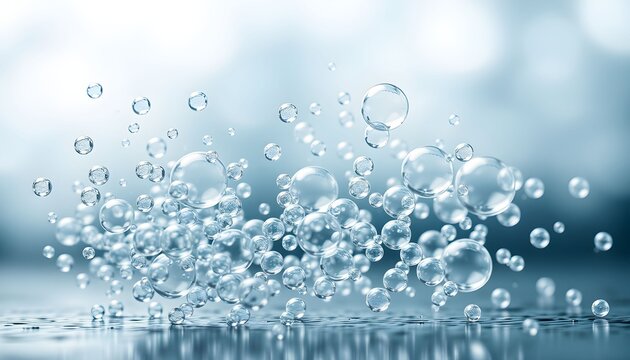 A cluster of transparent bubbles floating and rising against a blurred, light blue background.