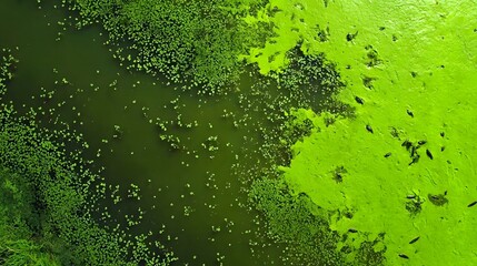 Aerial view of vibrant green algae bloom covering dark water surface with small plants and debris