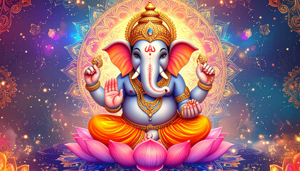 Ultra detailed 8K illustration of colorful Hindu Lord Ganesha sitting on lotus flower, mandala background, golden ornaments, glowing aura, vibrant modern 3D art for luxury wallpaper and poster