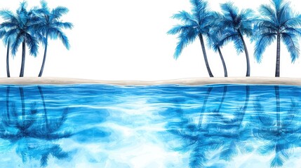 Pixelated Beach Scene with Blue Palm Trees and Reflective Sea Illustration