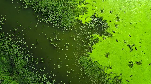 Aerial view of vibrant green algae bloom covering dark water surface with small plants and debris - Powered by Adobe