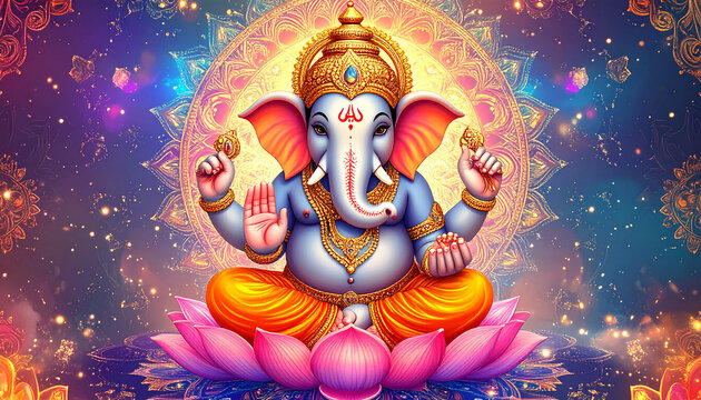 Ultra detailed 8K illustration of colorful Hindu Lord Ganesha sitting on lotus flower, mandala background, golden ornaments, glowing aura, vibrant modern 3D art for luxury wallpaper and poster