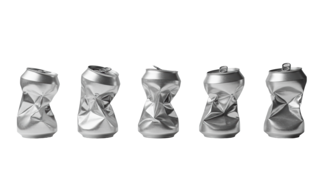 Seven silver aluminum cans in progressive deformation from intact to flattened, arranged on a transparent studio surface with soft lighting, concept of circular economy