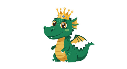 Cute smiling green baby dragon king with a golden crown, funny cartoon fantasy character isolated on white background