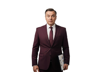Surprised businessman in burgundy suit holding documents, shocked expression, business professional, man, isolated on transparent background