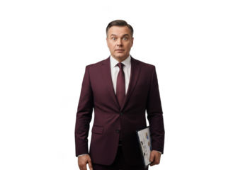 Surprised businessman in burgundy suit holding documents, shocked expression, business professional, man, isolated on transparent background
