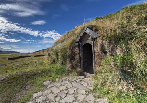 Entrance, replica of Viking longhouse, Eir&iacute;kssta&eth;ir, Iceland
