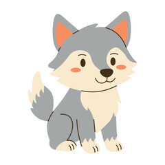 Cute cartoon wolf illustration with gray fur and orange cheeks, perfect for children's books, wildlife education, and playful animal designs.