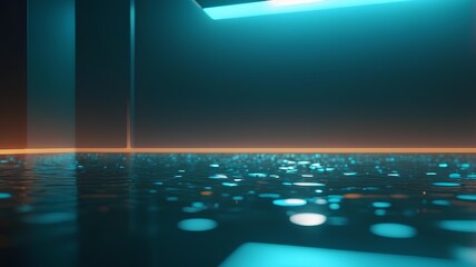 Abstract futuristic technology background featuring a reflective floor with glowing digital lights and a neon orange horizon line