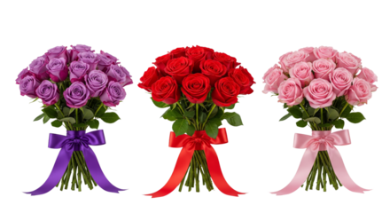 Collection of bouquet of red roses, violet roses and pink rose isolated on white or transparent background