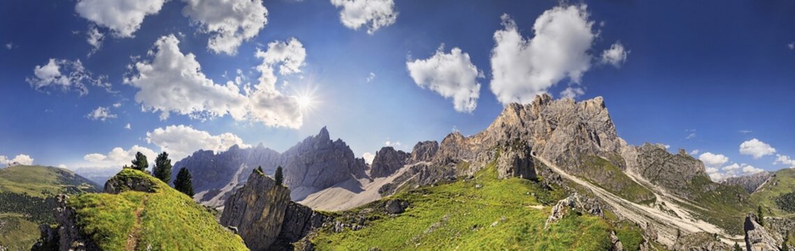 360&deg; panoramic view of the Dolomites high route near Wasserscharte gorge, Puez Mountains and Geisler Mountains at the back, Puez-Geisler Nature Park, province of Bolzano-Bozen, Italy, Europe