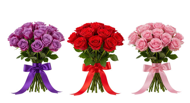 Collection of bouquet of red roses, violet roses and pink rose isolated on white or transparent background - Powered by Adobe