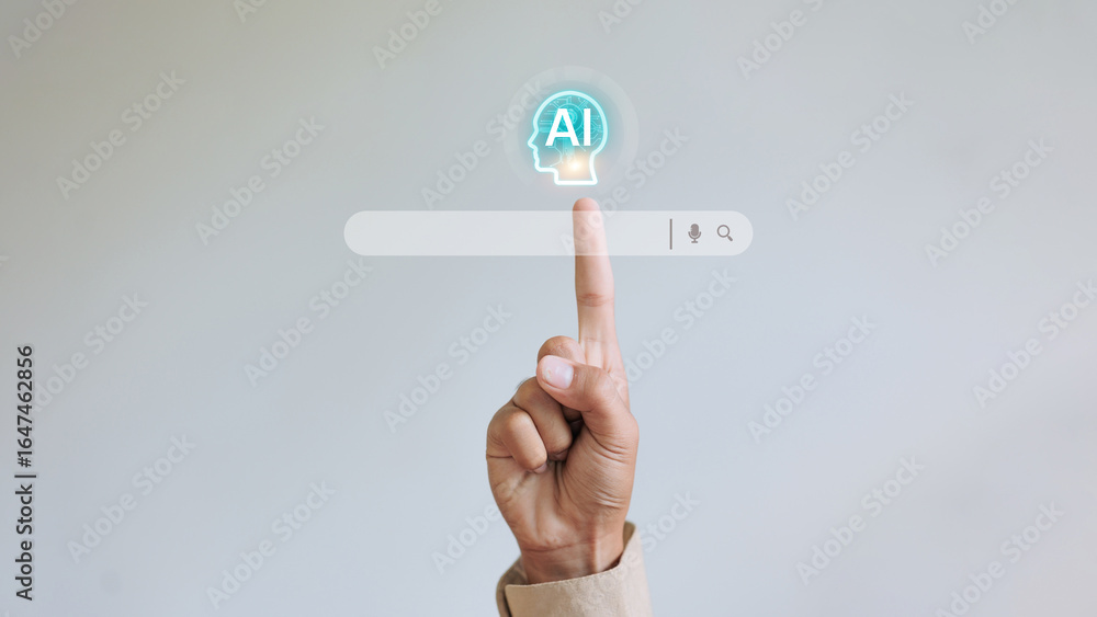 Poster ai search engine concept with virtual interface and pointing hand