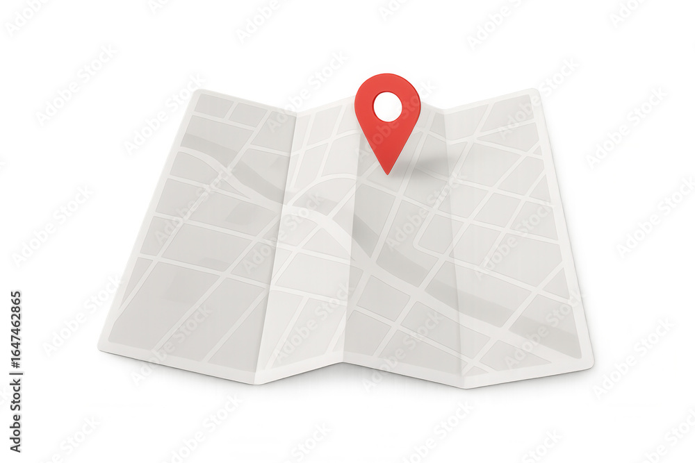 Poster folded paper city map with red location pin, 3d rendering against transparent backdrop