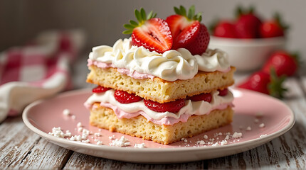 Delicious homemade strawberry shortcake with fresh cream served on pink plate