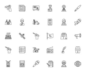 World Press Freedom Day icon set. Media vector collection. Includes cameraman, newspaper, news anchor, microphone, satellite, flag, megaphone and more. Editable stroke.