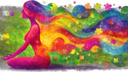 KOLOROWA SYLWETKA KOBIETY W POZYCJI MEDYTACYJNEJ