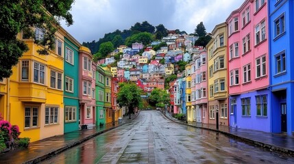 Naklejka premium Rain Slicked Hillside Street with Colorful Houses