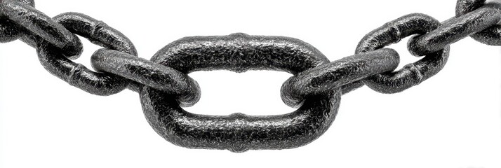 Metal chain link arranged against a white background highlighting its texture and structure for illustration or design purposes