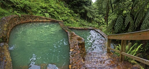 Two turquoise-coloured thermal pools made of stone, surrounded by lush vegetation and ferns, Caldeira Velha thermal springs, Gramas, Caldeiras, Sao Miguel, Azores, Portugal