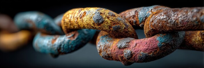 Rusty metal chains hanging against a dark backdrop showing texture and color contrast in a close-up view