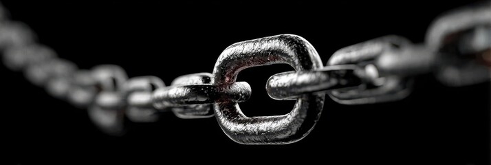 Obraz premium Close-up view of a metallic chain link against a black background showcasing its texture and detail